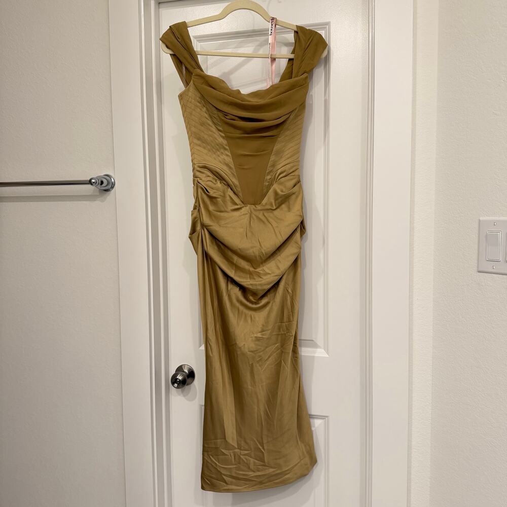 NWT House of CB Natalya Olive Satin Corset Midi Dress Size XS - Picture 3 of 8